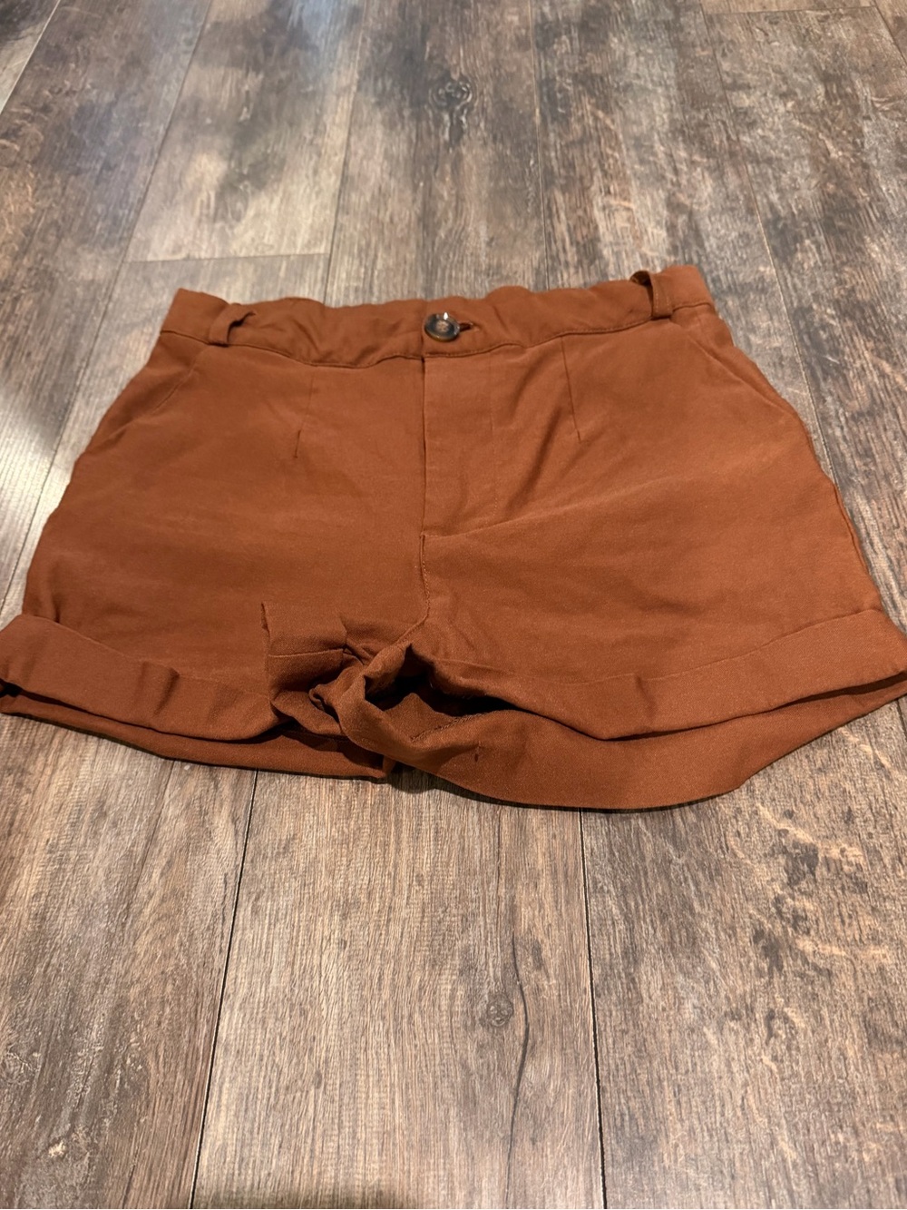 HYFVE High Waist Rolled Hem Shorts in Rust Brown